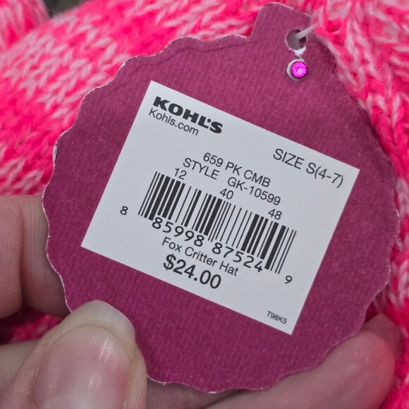 SO ✦ Pink Fox Critter Hat ✦ Kids Fleece-Lined Pom Ears Striped Winter Beanie S - Picture 6 of 10